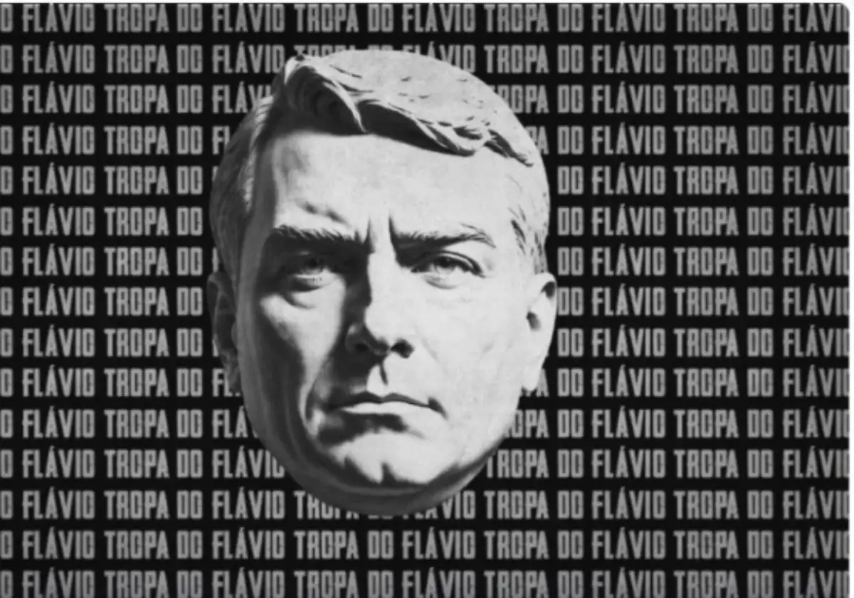 Montagem do PL: rosto de Flávio Bolsonaro em preto e branco, em estilo de busto esculpido, sobre fundo preto com a frase Tropa do Flávio repetida.
